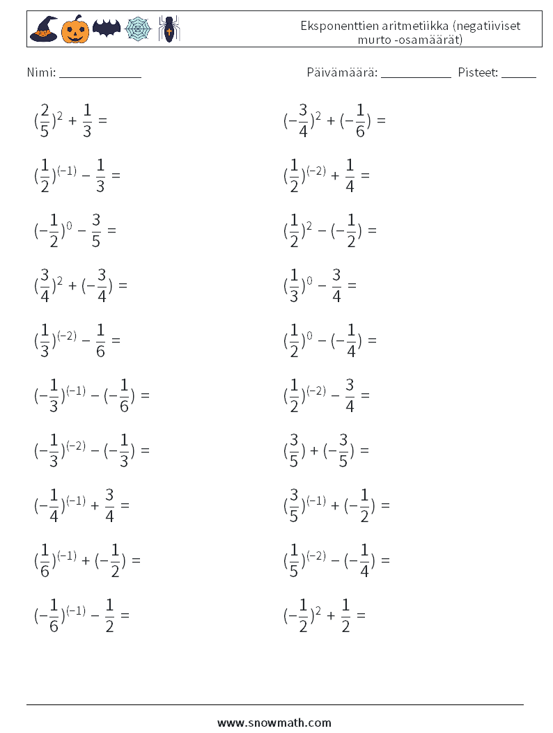  Eksponenttien aritmetiikka (negatiiviset murto -osamäärät) Matematiikan laskentataulukot 6