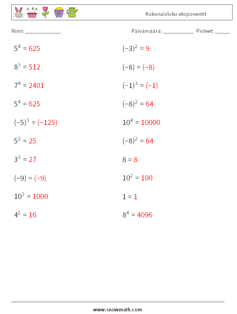 Kokonaisluku eksponentit Matematiikan laskentataulukot 2 Kysymys, vastaus