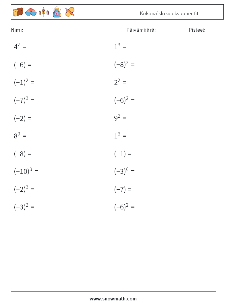 Kokonaisluku eksponentit Matematiikan laskentataulukot 3