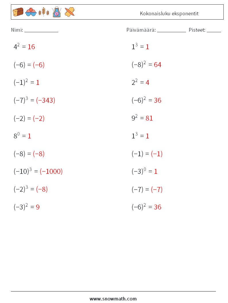 Kokonaisluku eksponentit Matematiikan laskentataulukot 3 Kysymys, vastaus