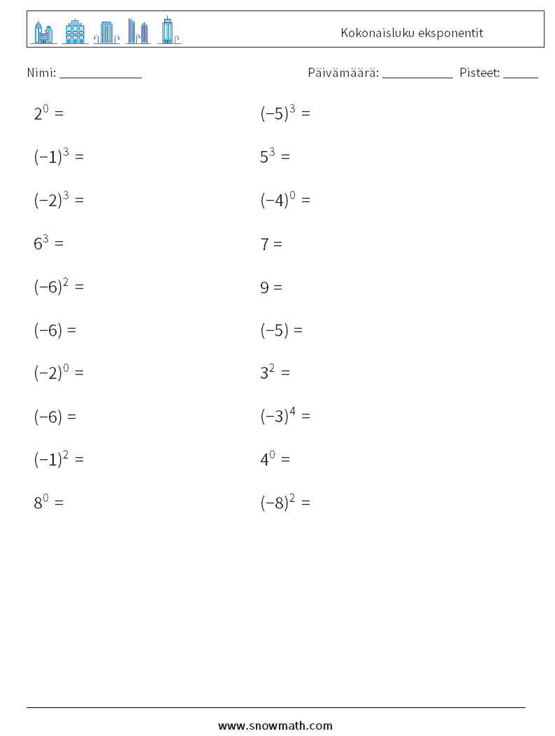 Kokonaisluku eksponentit Matematiikan laskentataulukot 7