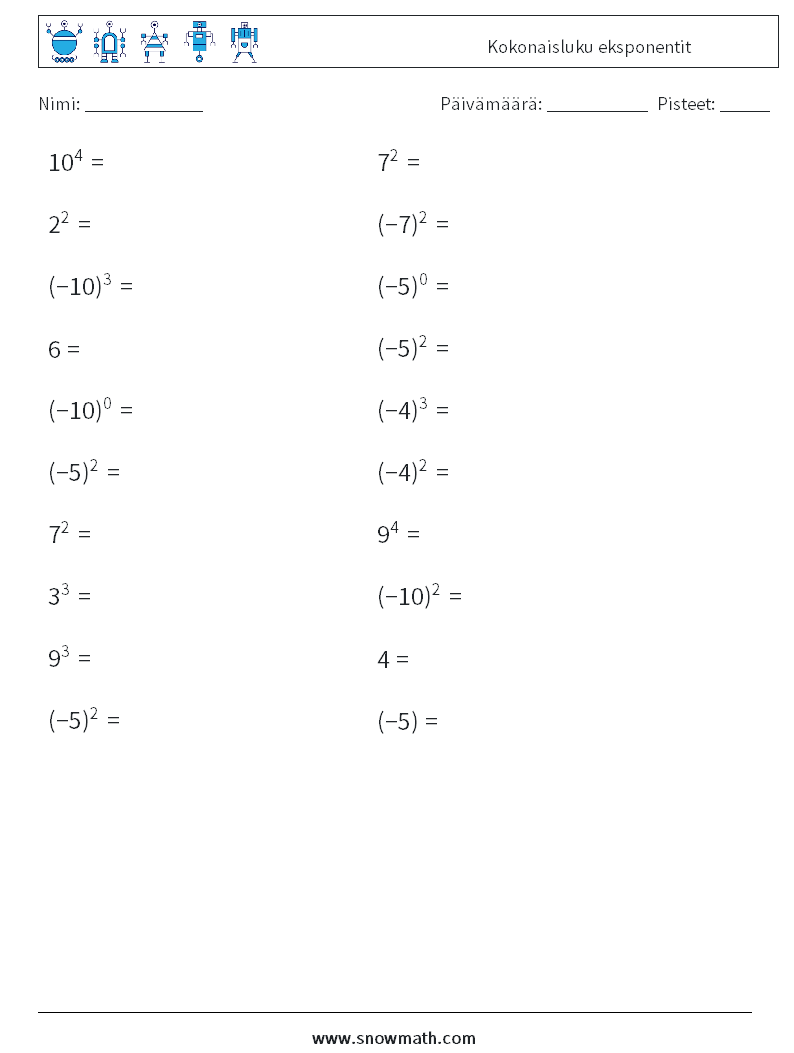 Kokonaisluku eksponentit Matematiikan laskentataulukot 8