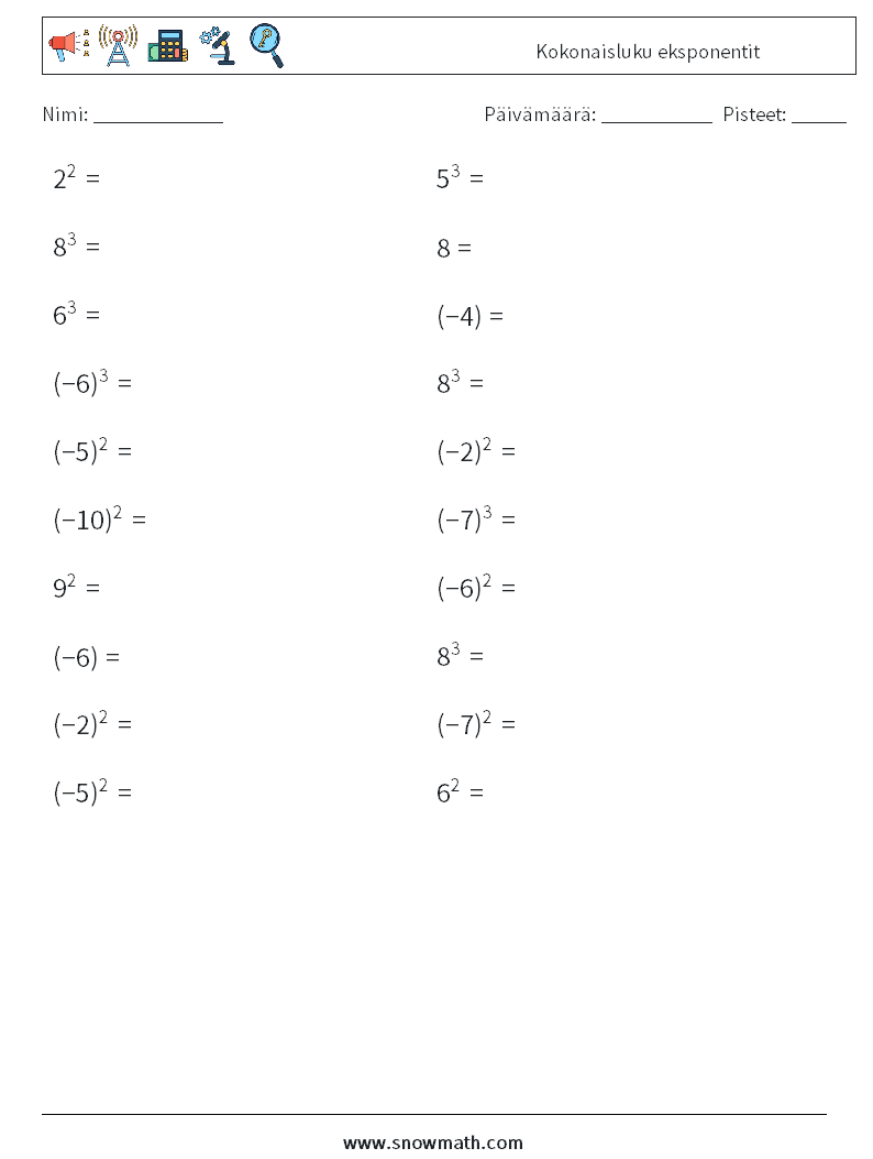 Kokonaisluku eksponentit Matematiikan laskentataulukot 9