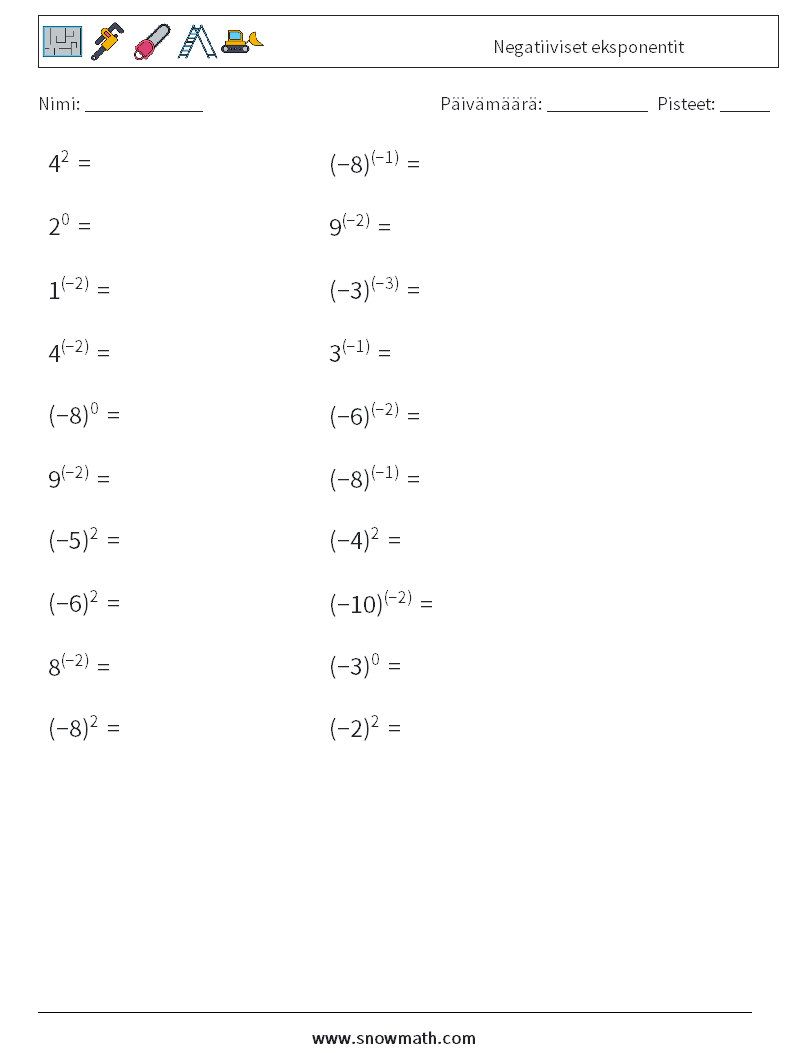  Negatiiviset eksponentit Matematiikan laskentataulukot 1