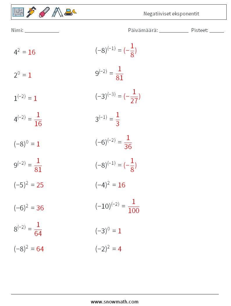  Negatiiviset eksponentit Matematiikan laskentataulukot 1 Kysymys, vastaus