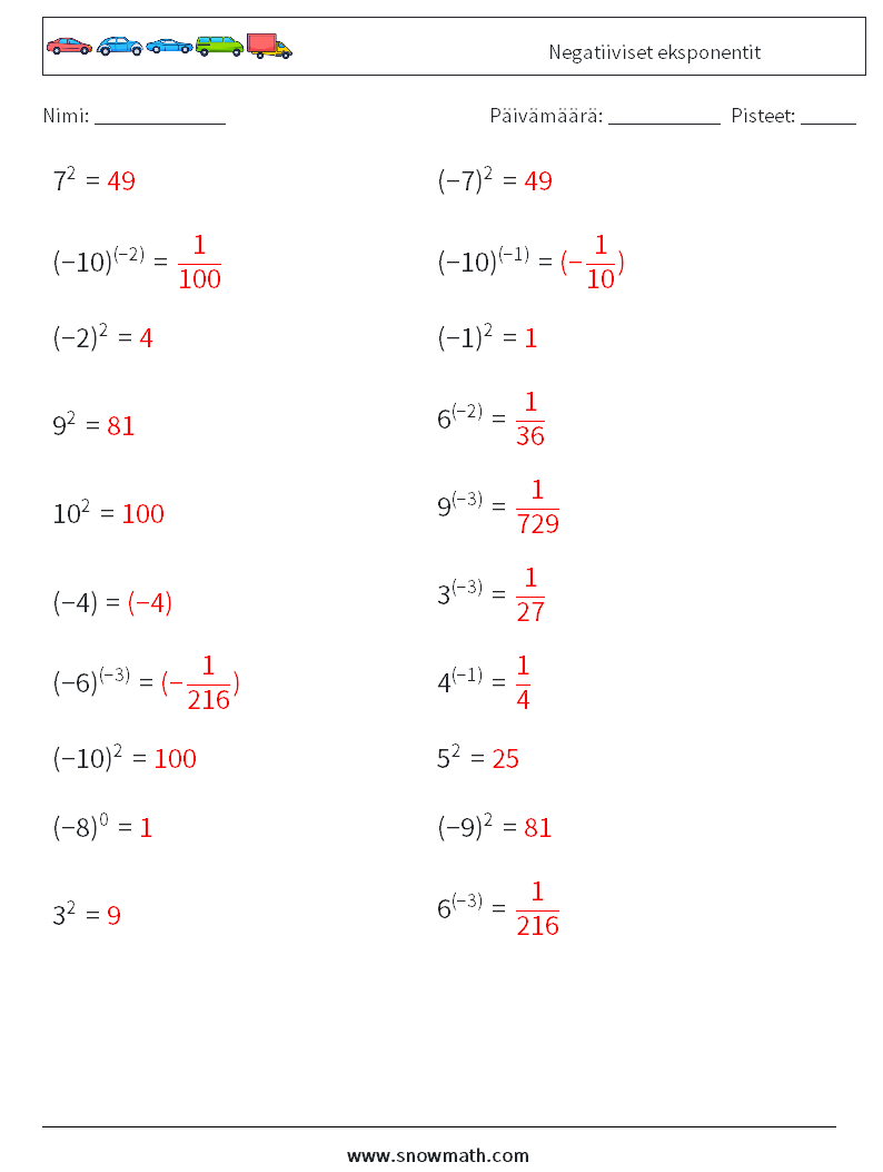  Negatiiviset eksponentit Matematiikan laskentataulukot 4 Kysymys, vastaus