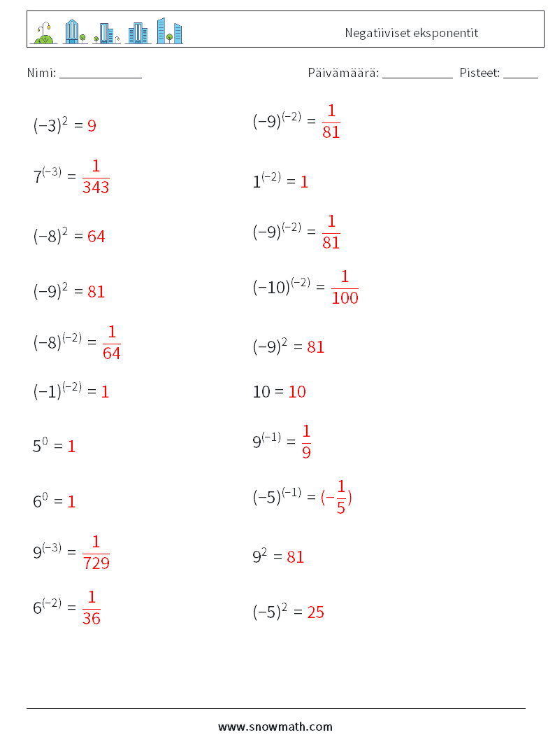  Negatiiviset eksponentit Matematiikan laskentataulukot 5 Kysymys, vastaus