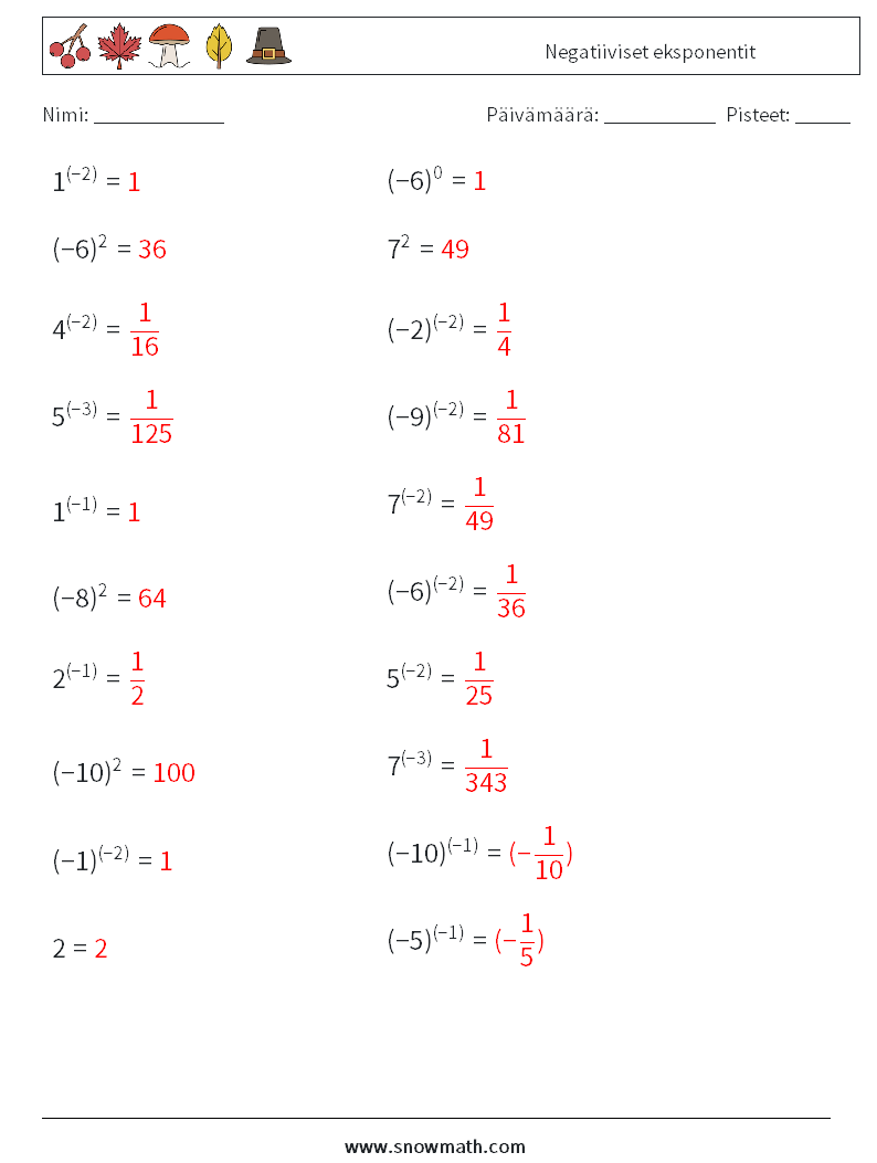  Negatiiviset eksponentit Matematiikan laskentataulukot 8 Kysymys, vastaus