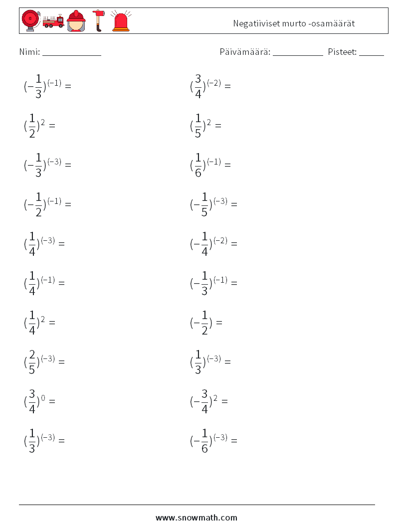 Negatiiviset murto -osamäärät Matematiikan laskentataulukot 1