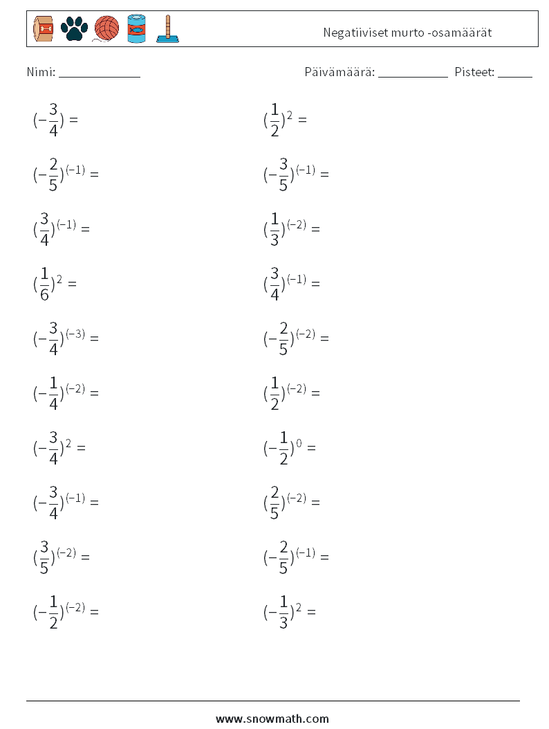 Negatiiviset murto -osamäärät Matematiikan laskentataulukot 3