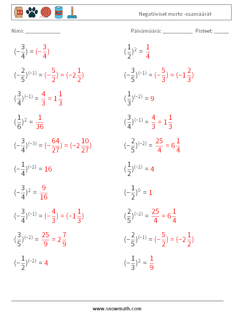 Negatiiviset murto -osamäärät Matematiikan laskentataulukot 3 Kysymys, vastaus