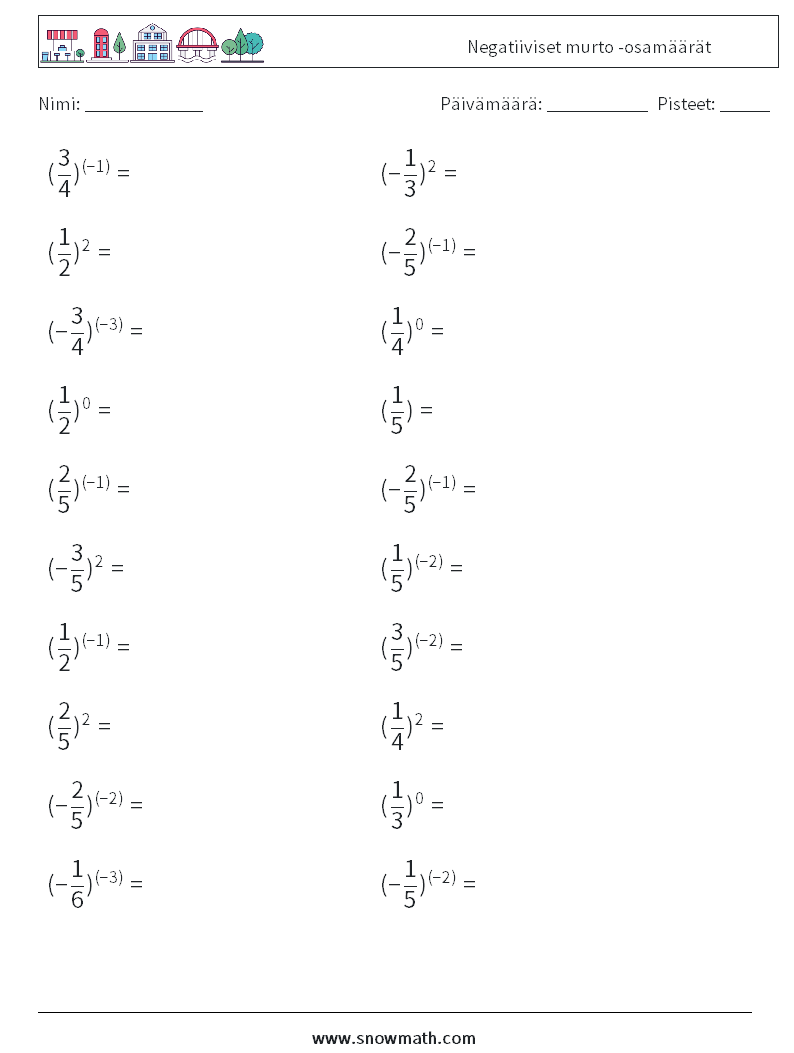 Negatiiviset murto -osamäärät Matematiikan laskentataulukot 5