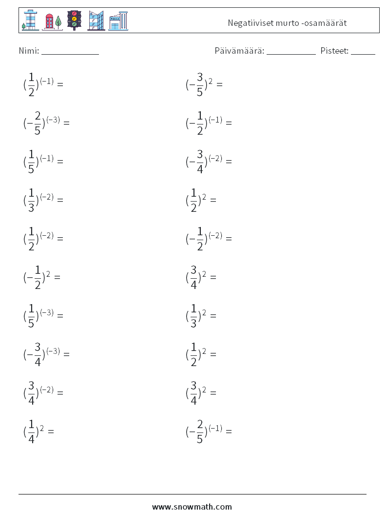 Negatiiviset murto -osamäärät Matematiikan laskentataulukot 6