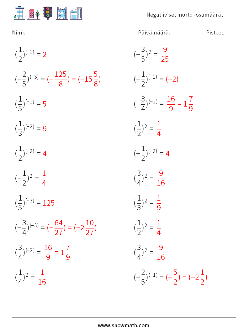 Negatiiviset murto -osamäärät Matematiikan laskentataulukot 6 Kysymys, vastaus