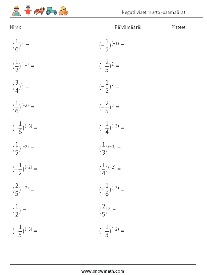 Negatiiviset murto -osamäärät Matematiikan laskentataulukot 7