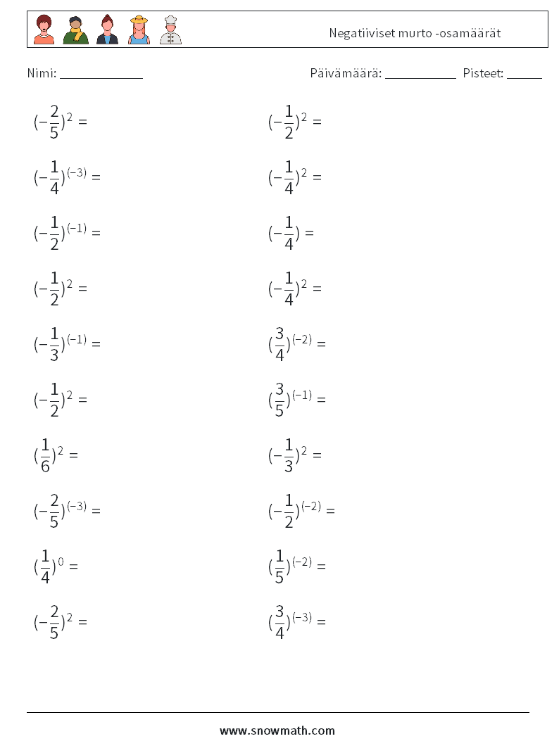 Negatiiviset murto -osamäärät Matematiikan laskentataulukot 8