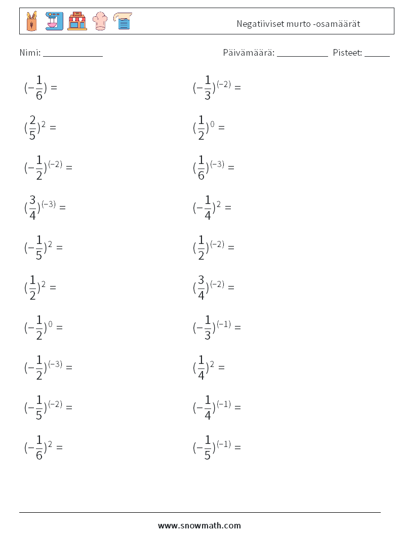 Negatiiviset murto -osamäärät Matematiikan laskentataulukot 9