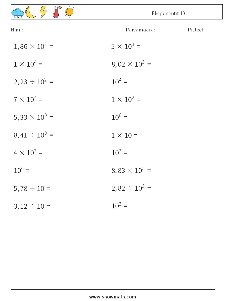 Eksponentit 10 Matematiikan laskentataulukot 1