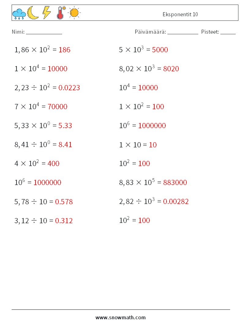 Eksponentit 10 Matematiikan laskentataulukot 1 Kysymys, vastaus