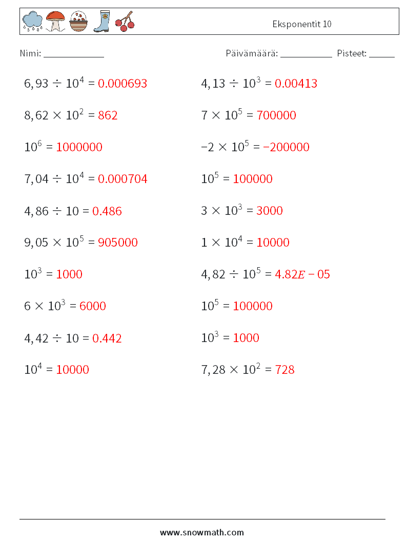 Eksponentit 10 Matematiikan laskentataulukot 2 Kysymys, vastaus