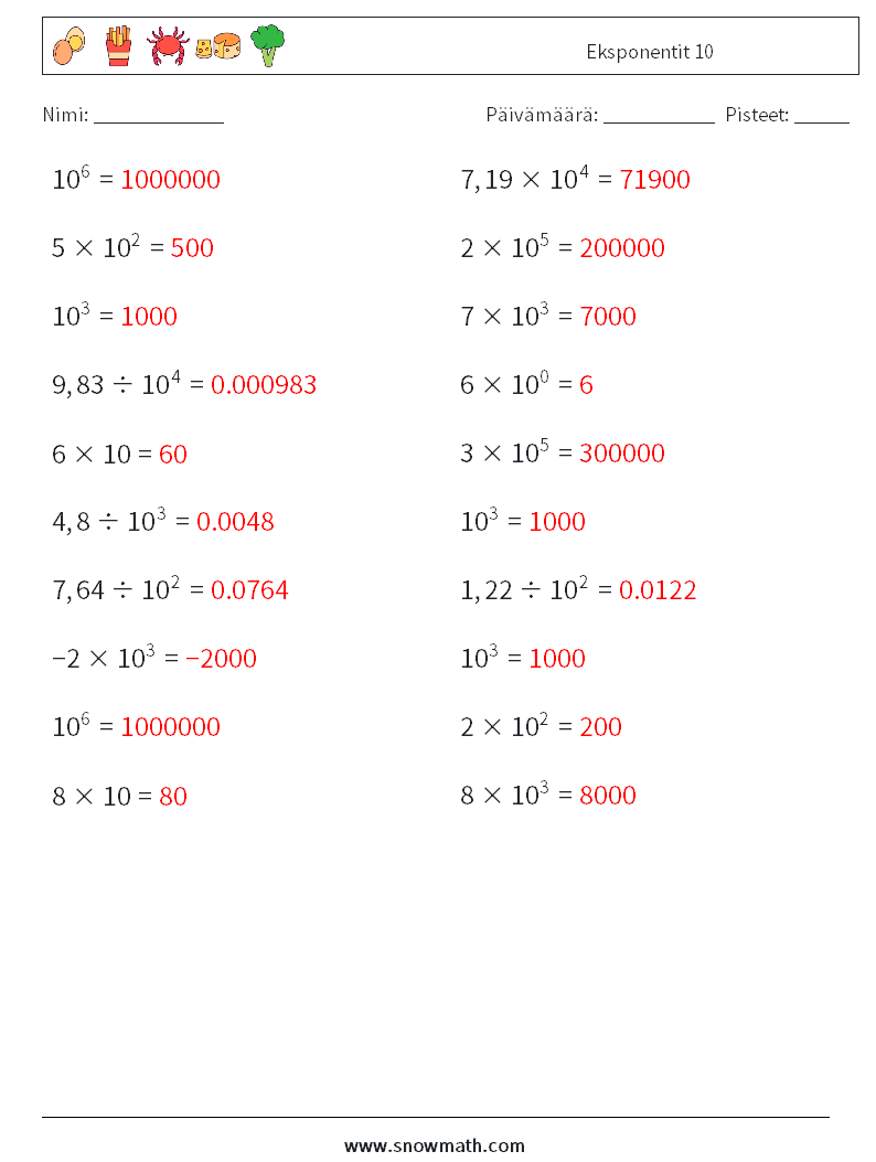 Eksponentit 10 Matematiikan laskentataulukot 3 Kysymys, vastaus