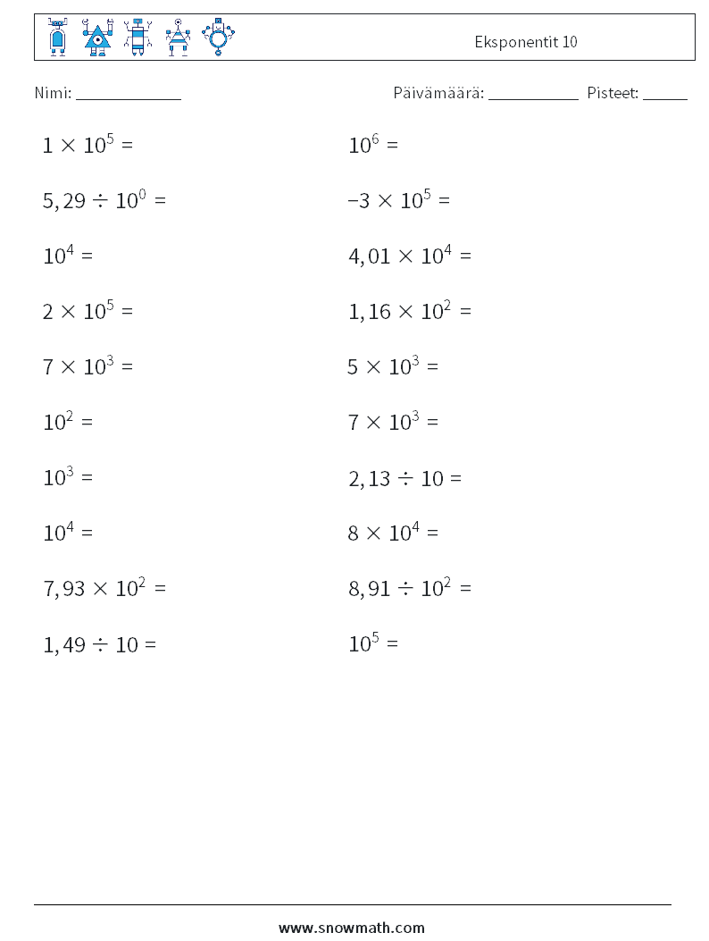 Eksponentit 10 Matematiikan laskentataulukot 5