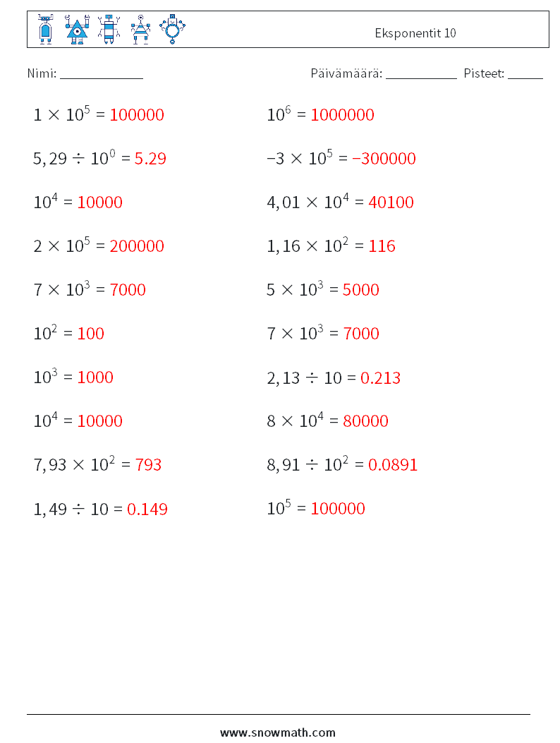 Eksponentit 10 Matematiikan laskentataulukot 5 Kysymys, vastaus