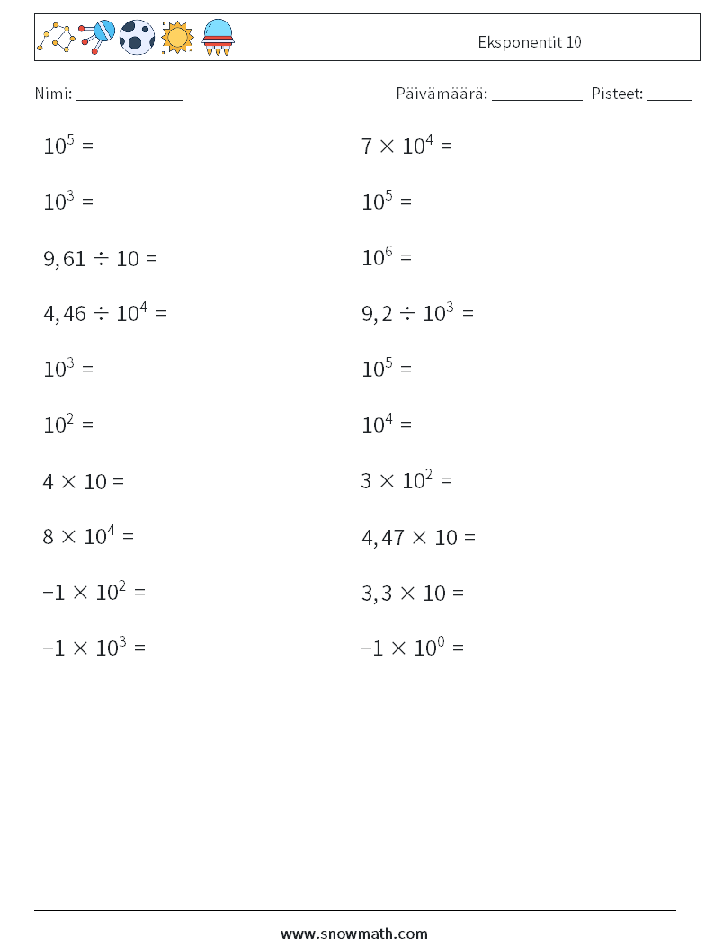 Eksponentit 10 Matematiikan laskentataulukot 6