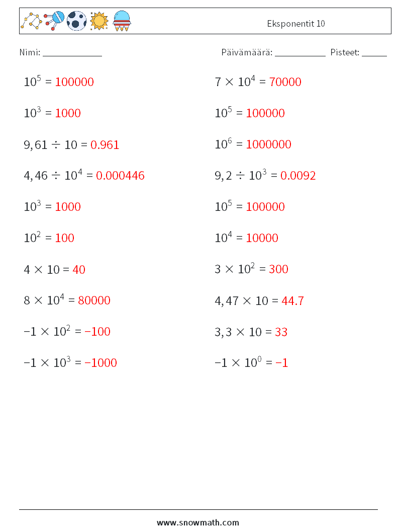 Eksponentit 10 Matematiikan laskentataulukot 6 Kysymys, vastaus