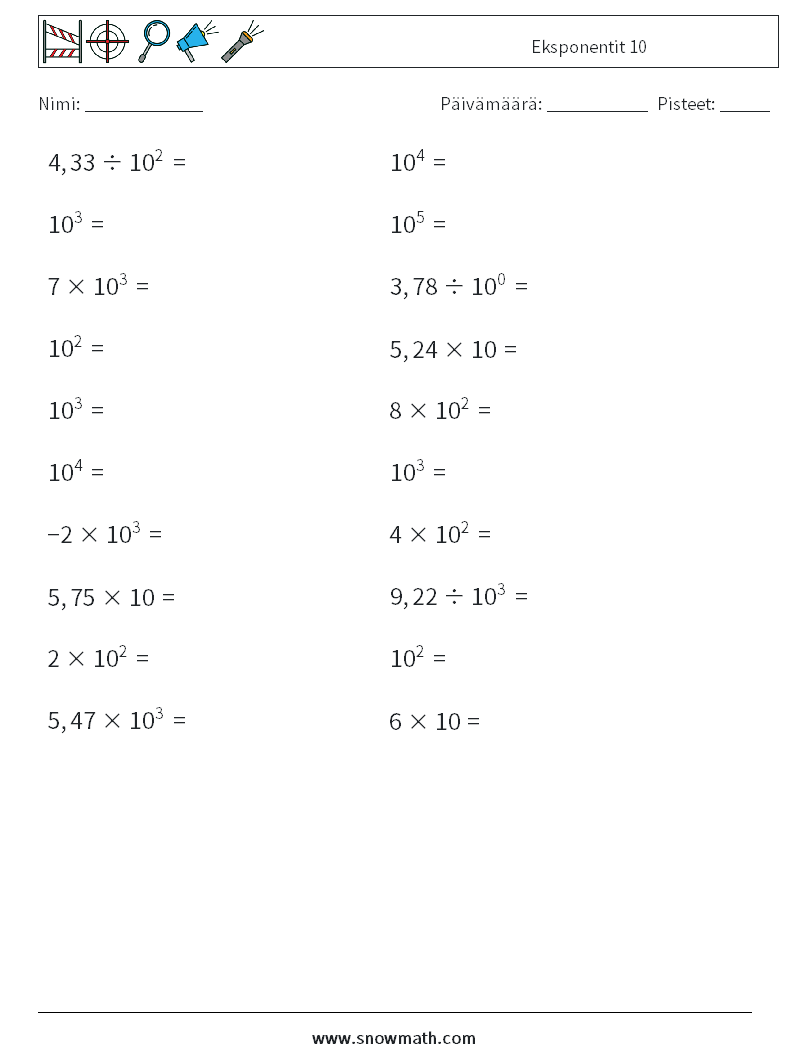 Eksponentit 10 Matematiikan laskentataulukot 7