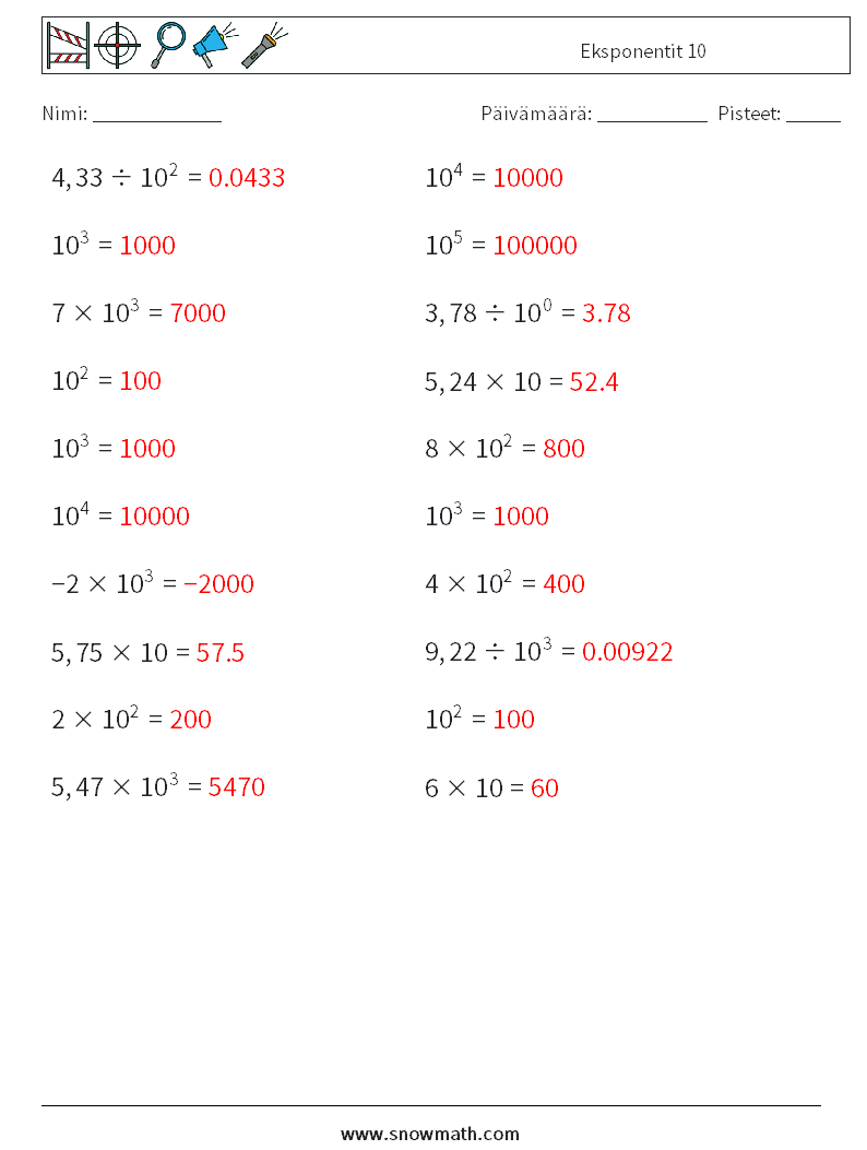 Eksponentit 10 Matematiikan laskentataulukot 7 Kysymys, vastaus