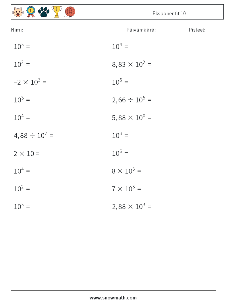 Eksponentit 10 Matematiikan laskentataulukot 8