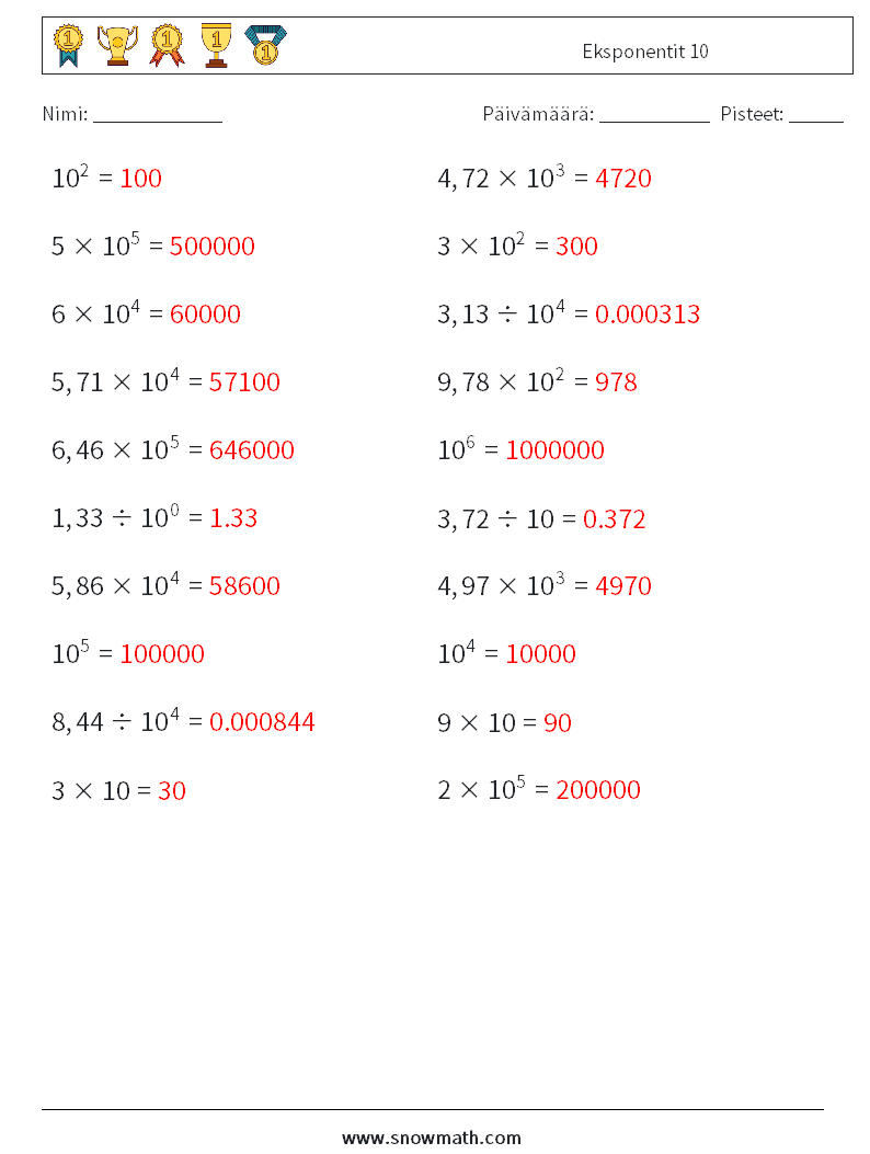 Eksponentit 10 Matematiikan laskentataulukot 9 Kysymys, vastaus