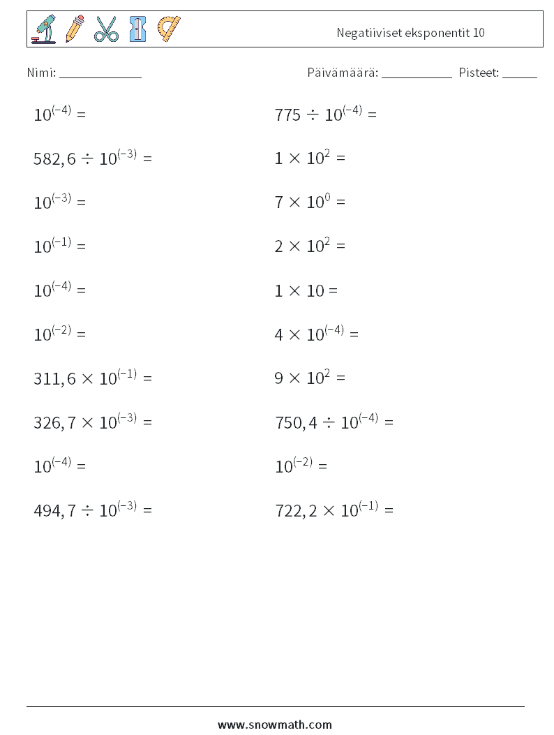 Negatiiviset eksponentit 10 Matematiikan laskentataulukot 1