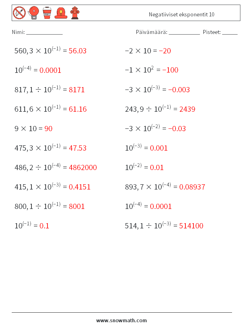 Negatiiviset eksponentit 10 Matematiikan laskentataulukot 2 Kysymys, vastaus