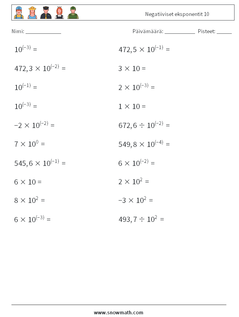Negatiiviset eksponentit 10 Matematiikan laskentataulukot 3