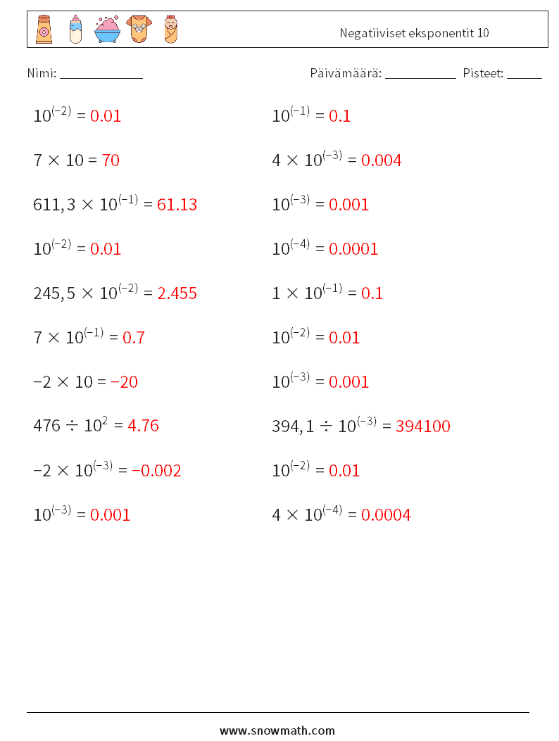 Negatiiviset eksponentit 10 Matematiikan laskentataulukot 4 Kysymys, vastaus