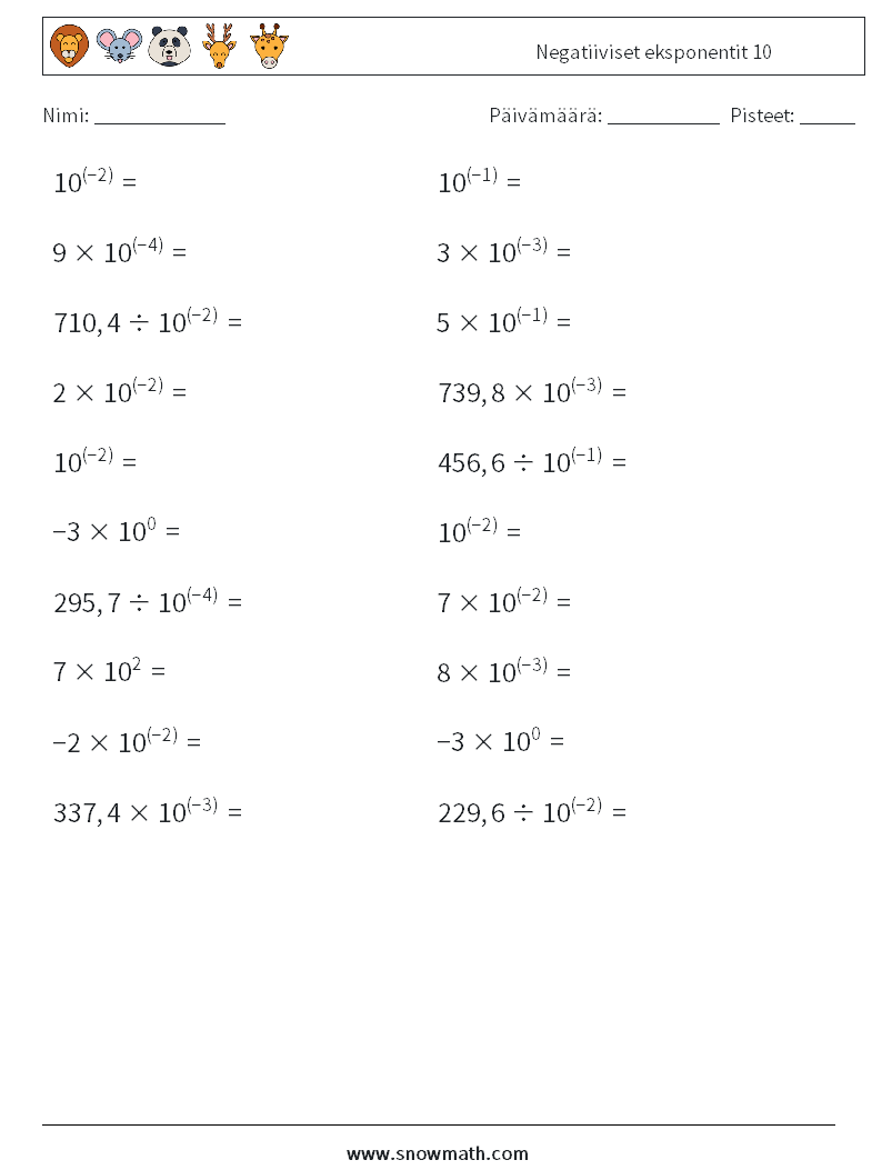 Negatiiviset eksponentit 10 Matematiikan laskentataulukot 5