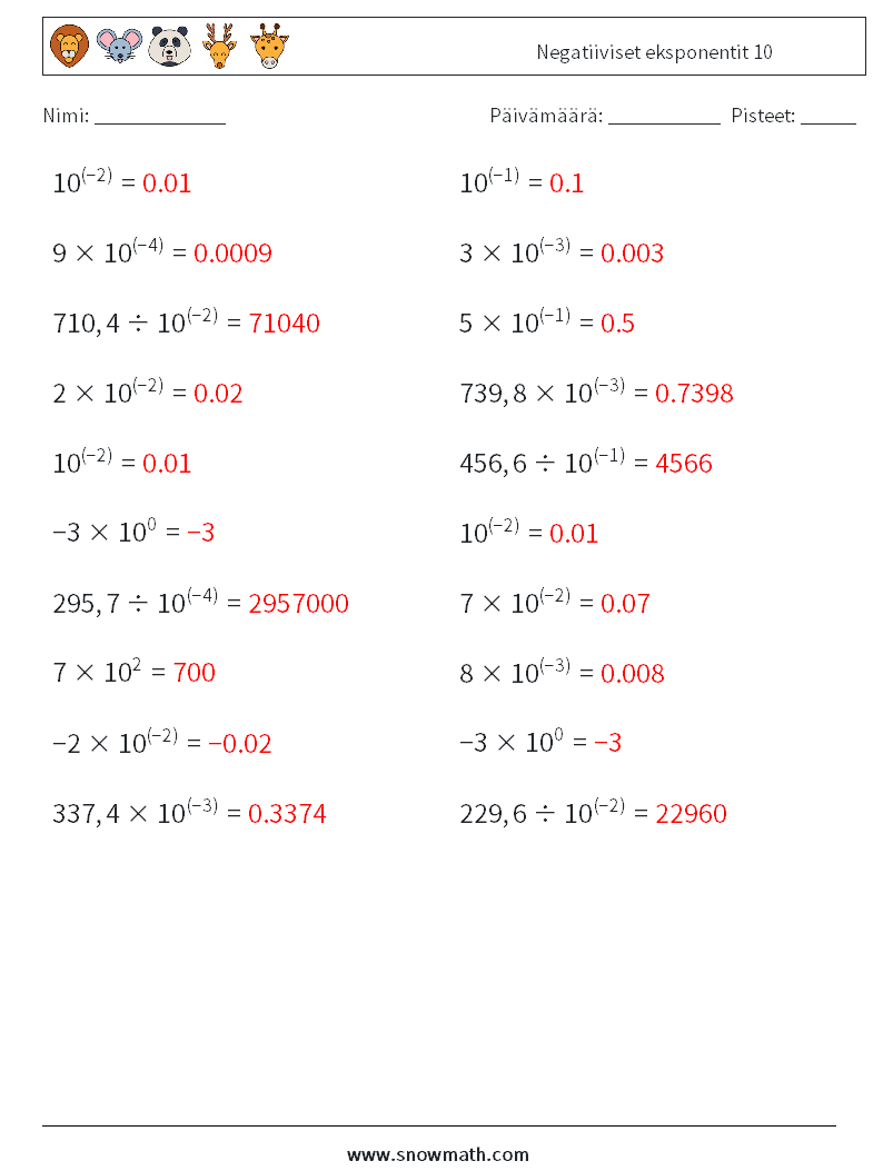 Negatiiviset eksponentit 10 Matematiikan laskentataulukot 5 Kysymys, vastaus