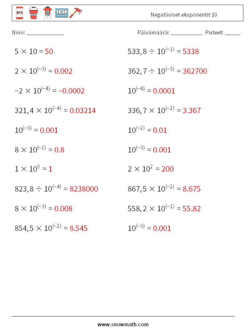 Negatiiviset eksponentit 10 Matematiikan laskentataulukot 6 Kysymys, vastaus