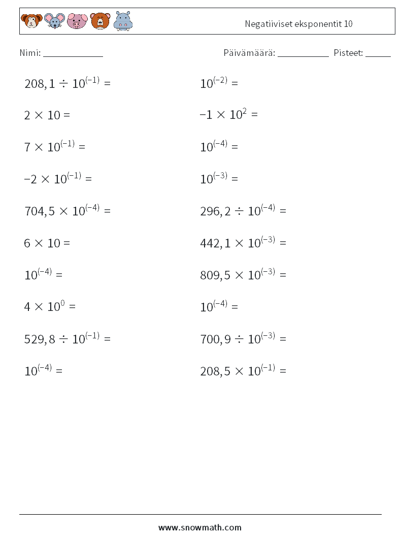 Negatiiviset eksponentit 10 Matematiikan laskentataulukot 7