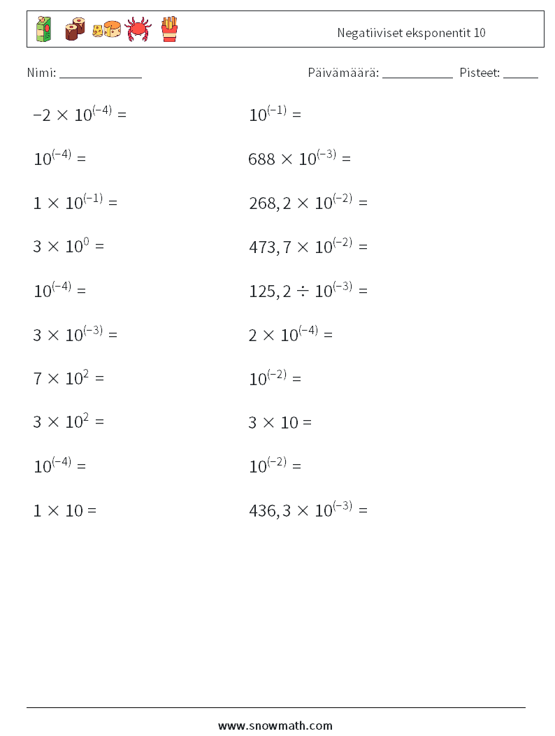 Negatiiviset eksponentit 10 Matematiikan laskentataulukot 8