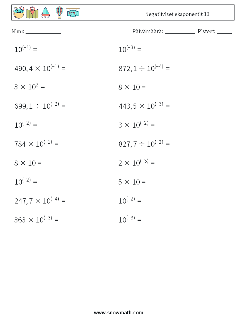 Negatiiviset eksponentit 10 Matematiikan laskentataulukot 9