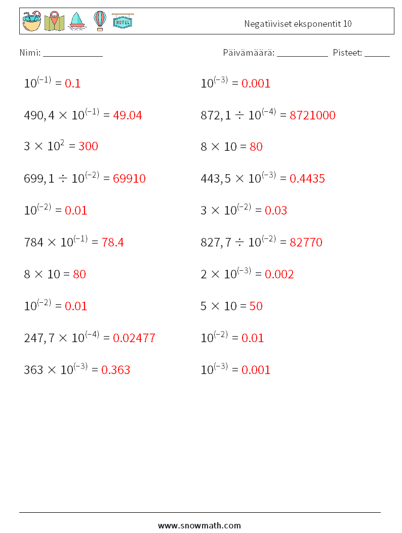 Negatiiviset eksponentit 10 Matematiikan laskentataulukot 9 Kysymys, vastaus