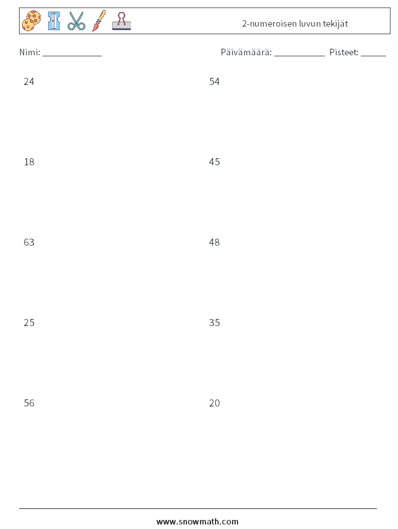 2-numeroisen luvun tekijät Matematiikan laskentataulukot 1