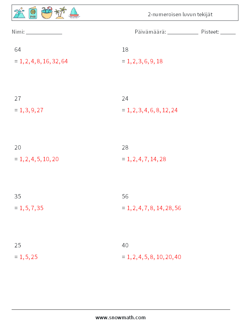 2-numeroisen luvun tekijät Matematiikan laskentataulukot 2 Kysymys, vastaus