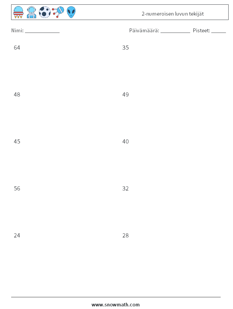 2-numeroisen luvun tekijät Matematiikan laskentataulukot 3