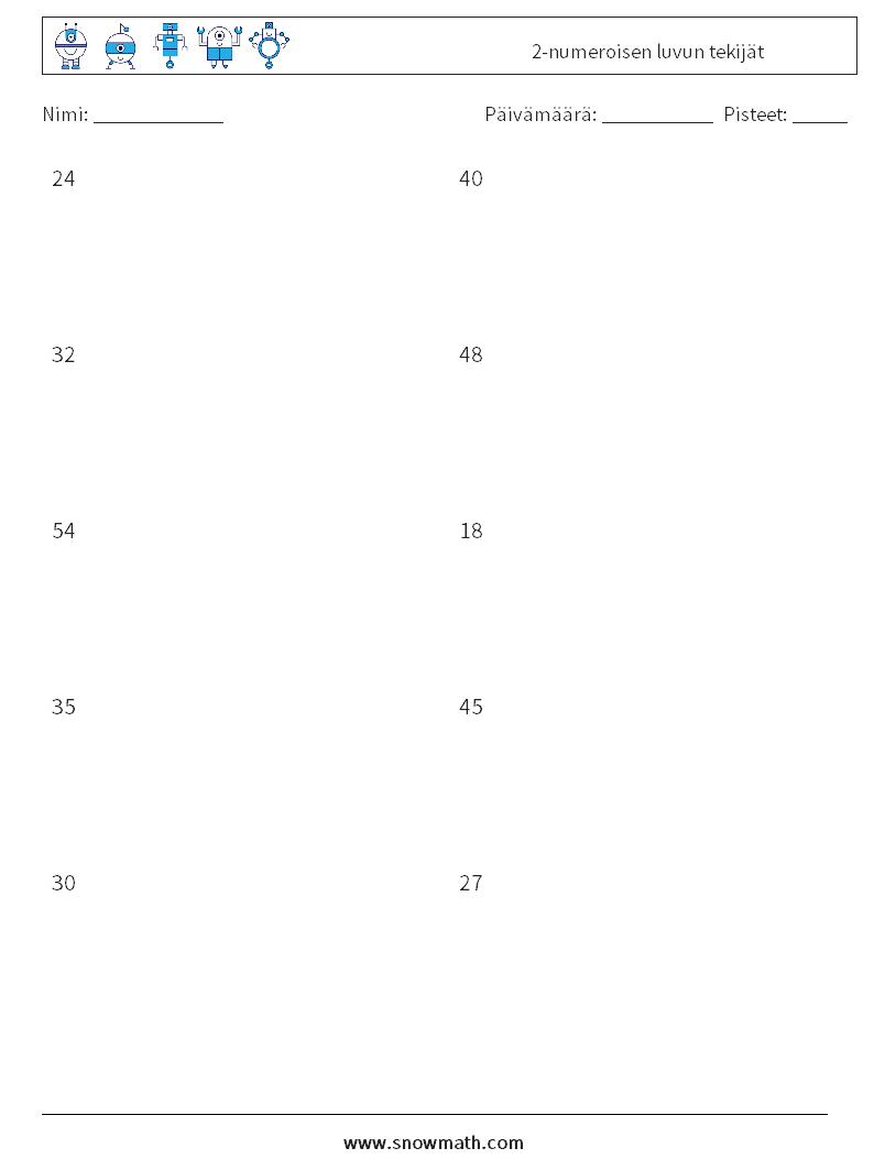 2-numeroisen luvun tekijät Matematiikan laskentataulukot 4