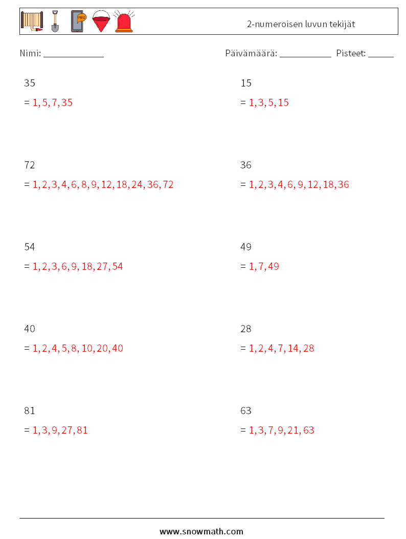 2-numeroisen luvun tekijät Matematiikan laskentataulukot 5 Kysymys, vastaus