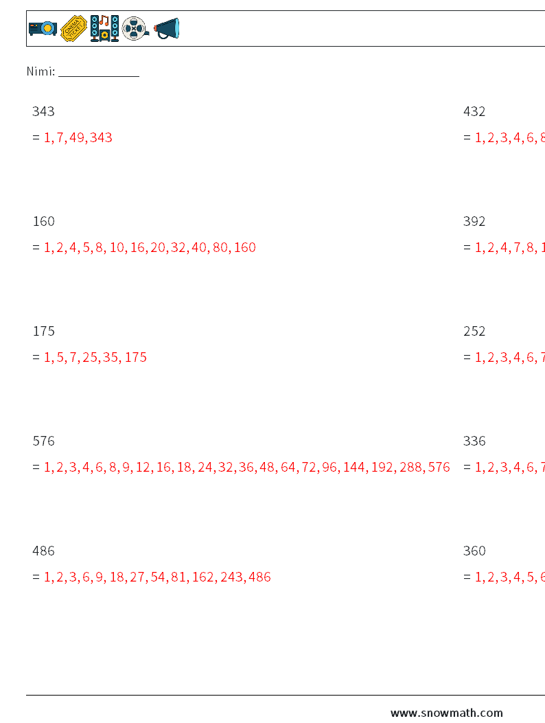 3-numeroisen luvun tekijät Matematiikan laskentataulukot 3 Kysymys, vastaus